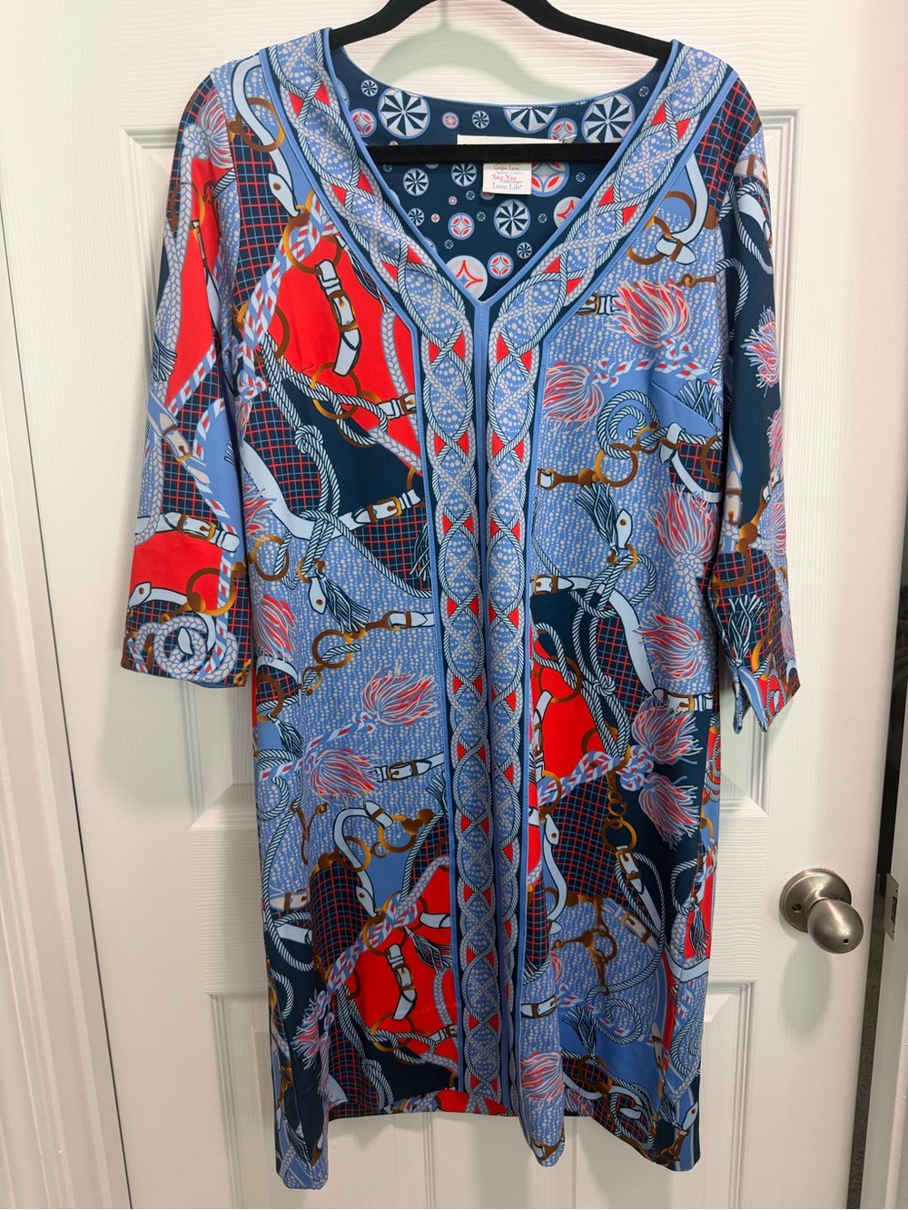 Gretchen Scott Designs Blue Geometric Print Dress, 3/4 Sleeve size Large